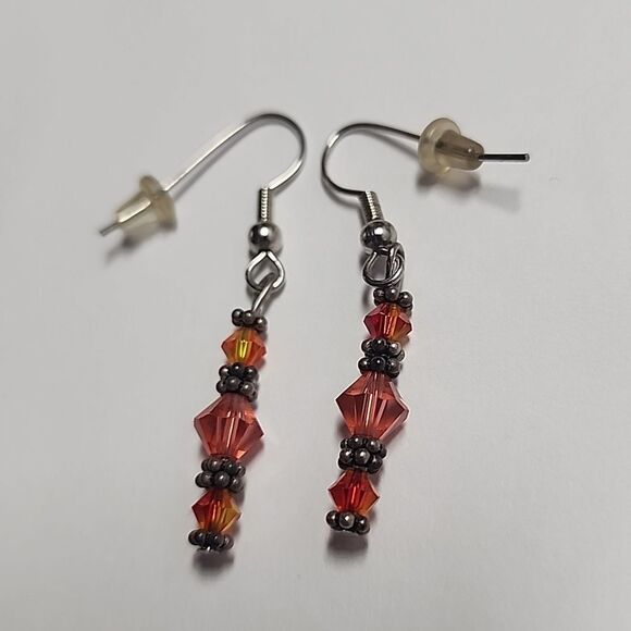Orange Pink Red Beaded Dangle Earrings With Sterling Silver 925 Beads - Picture 2 of 3